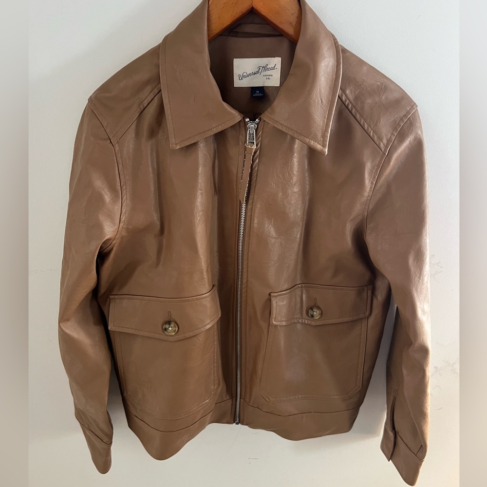 Tan Faux Leather Relaxed Moto Jacket - Size M